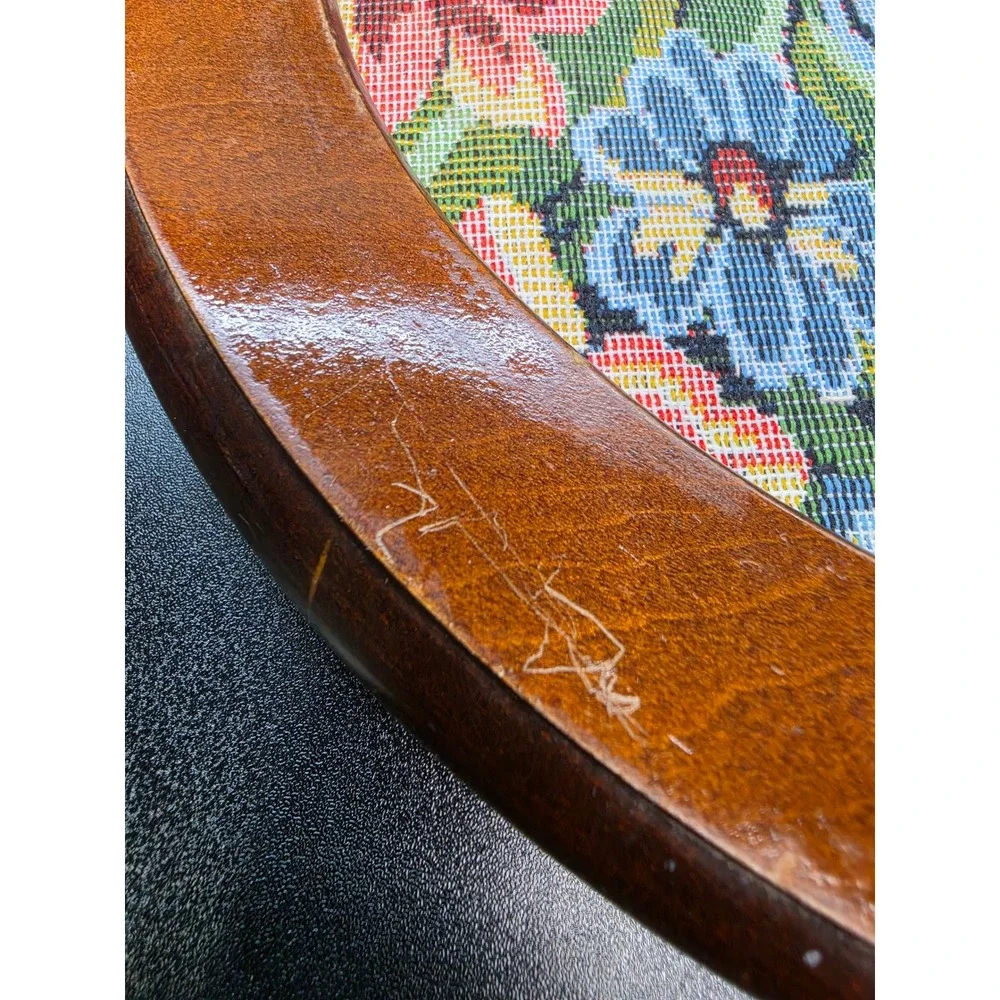 Vintage Floral Needlepoint Round Wood Frame Wall Decor Footstool Top 11.25 inch